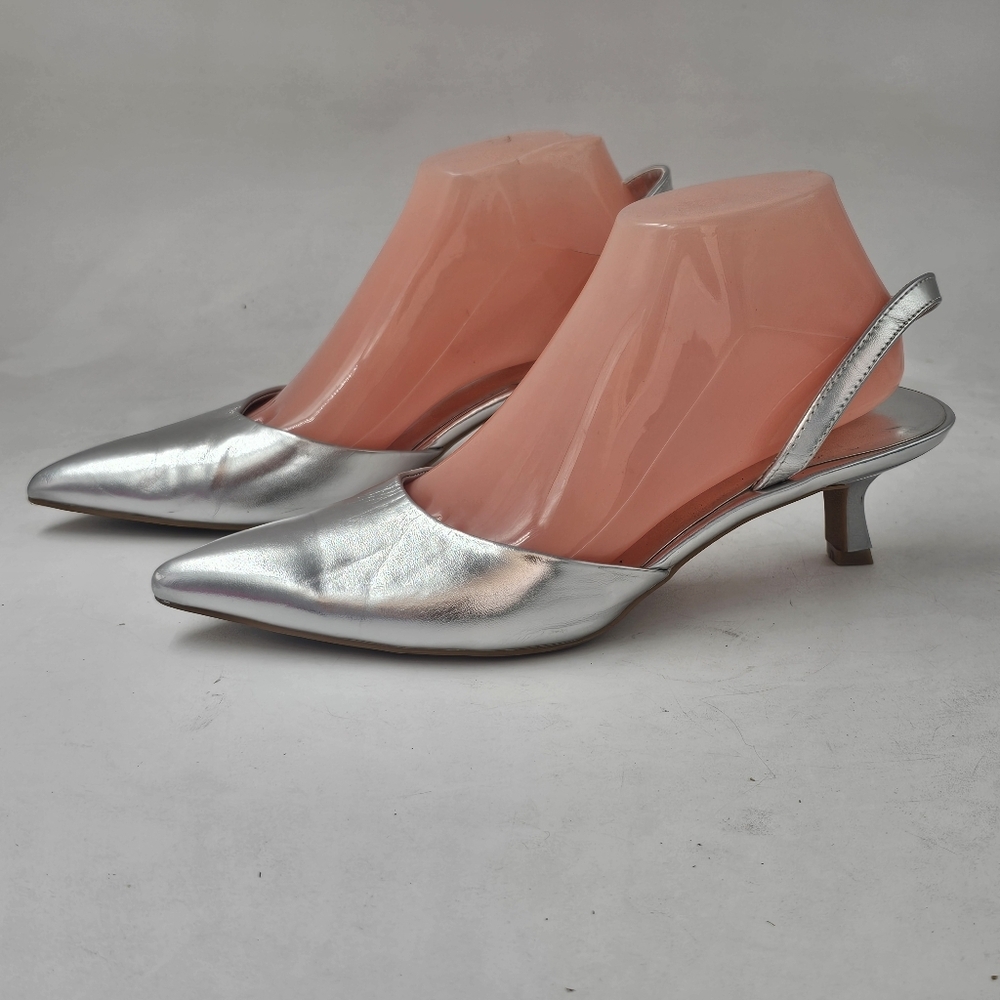 Open Edit Silver Pointed Toe Slingback Kitten Heels Womens - Picture 2 of 11